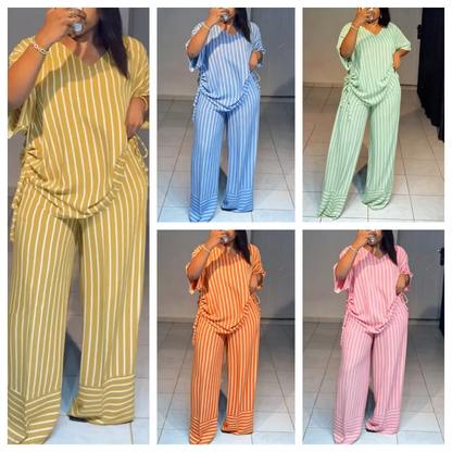 Summer new striped loose fashion casual women's V-neck thin and drape wide-leg pants suit