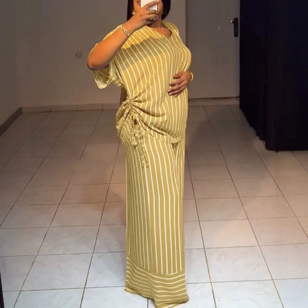Summer new striped loose fashion casual women's V-neck thin and drape wide-leg pants suit
