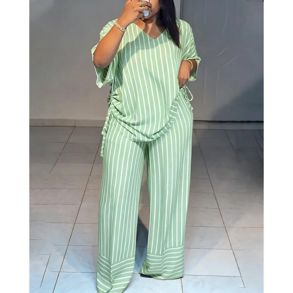 Summer new striped loose fashion casual women's V-neck thin and drape wide-leg pants suit