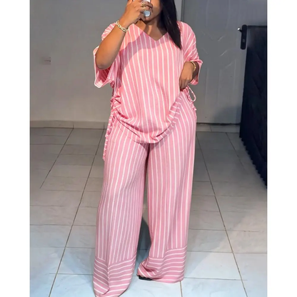 Summer new striped loose fashion casual women's V-neck thin and drape wide-leg pants suit