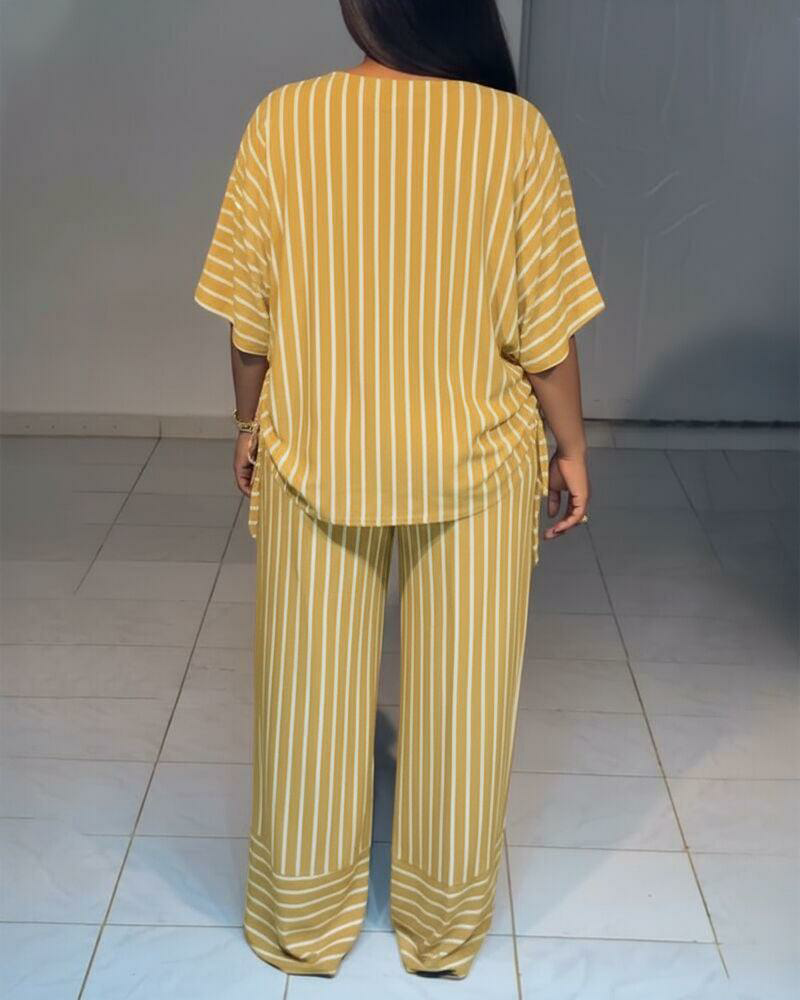Summer new striped loose fashion casual women's V-neck thin and drape wide-leg pants suit
