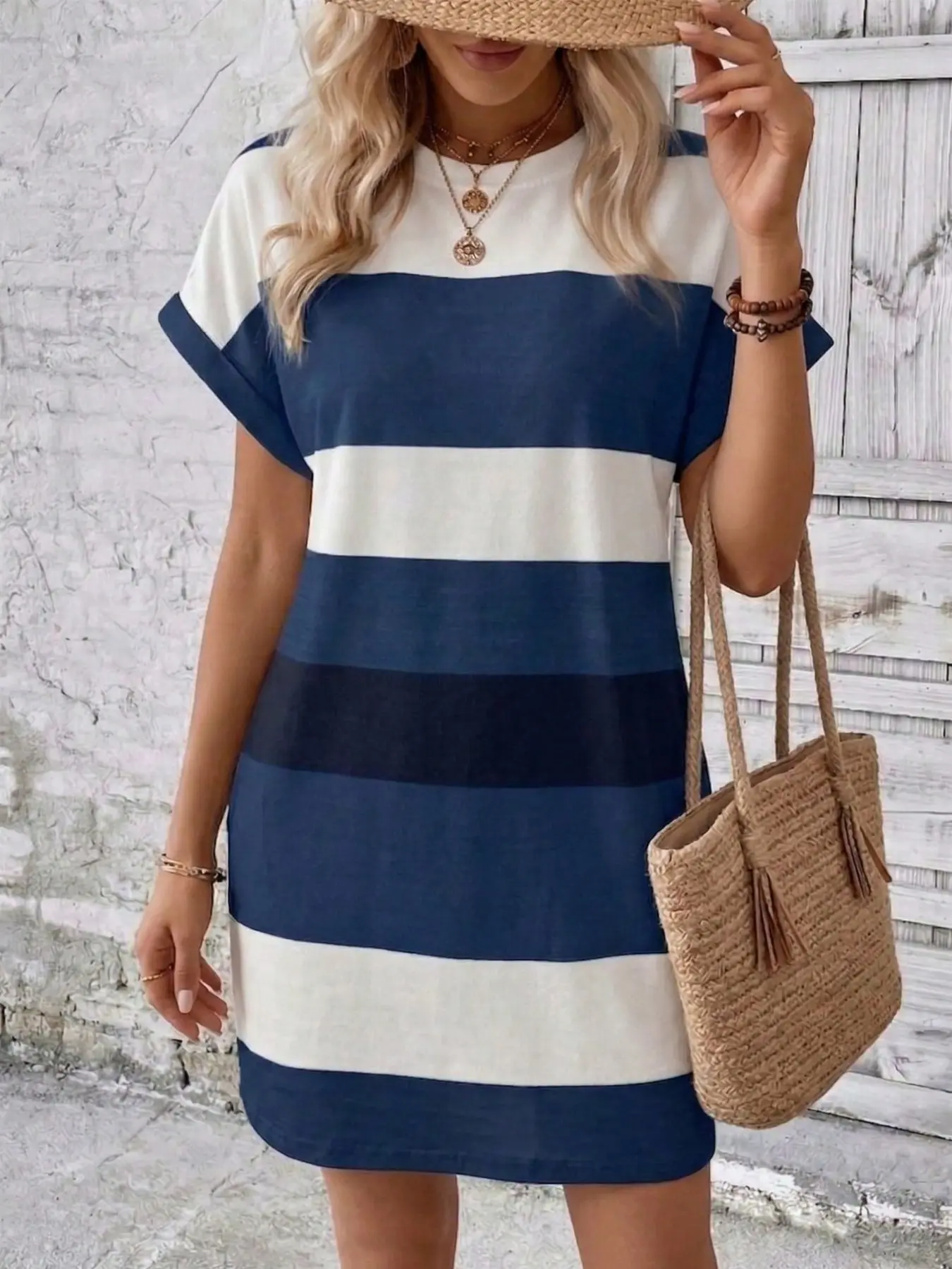 【Plus Size】 Colorblock Striped Print Round Neck Dress