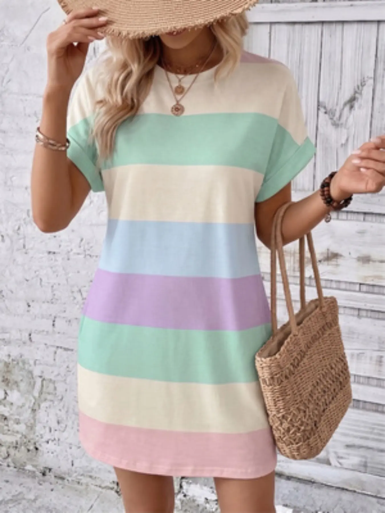 【Plus Size】 Colorblock Striped Print Round Neck Dress