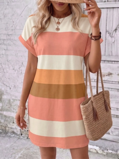 【Plus Size】 Colorblock Striped Print Round Neck Dress