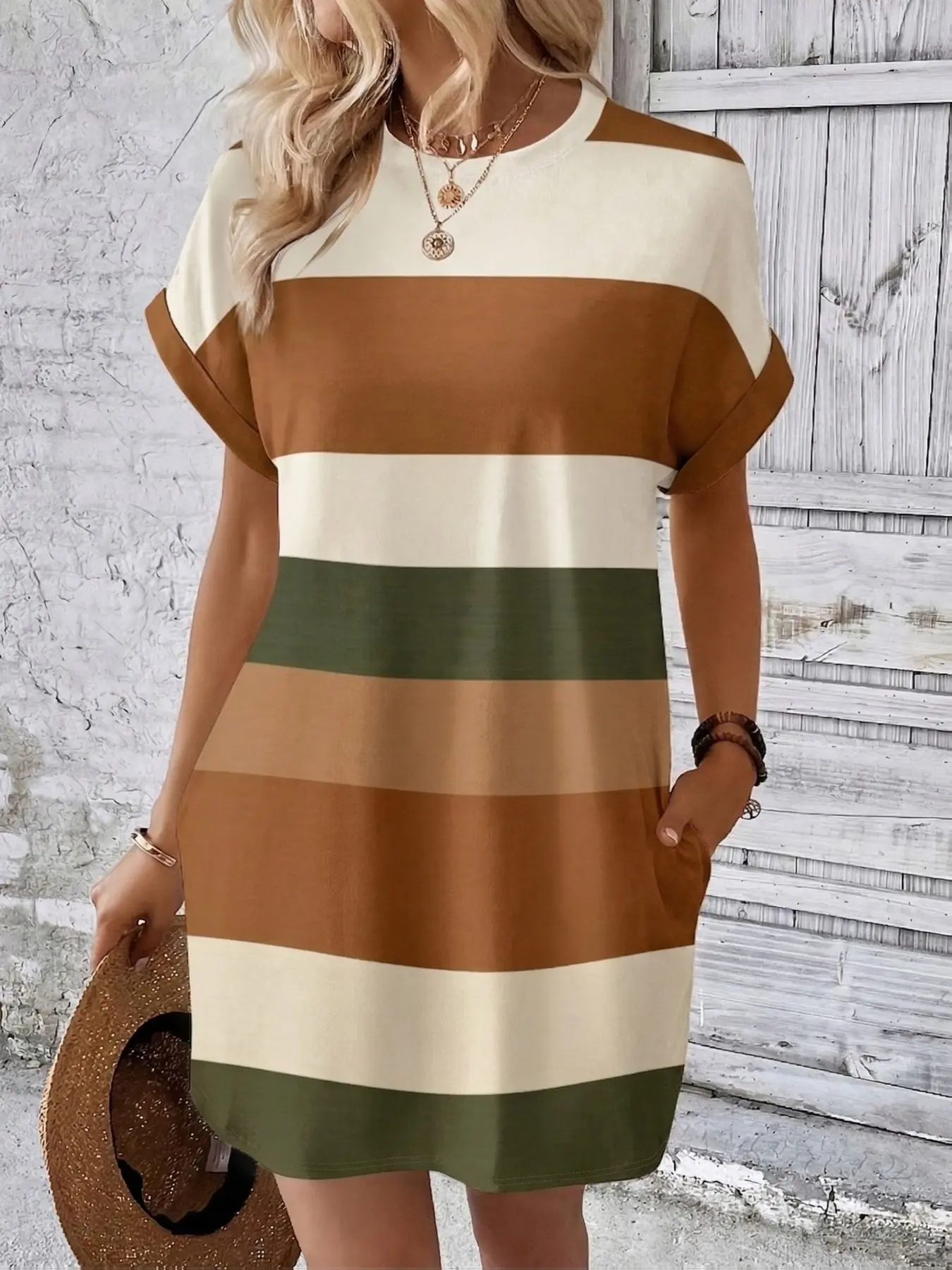 【Plus Size】 Colorblock Striped Print Round Neck Dress