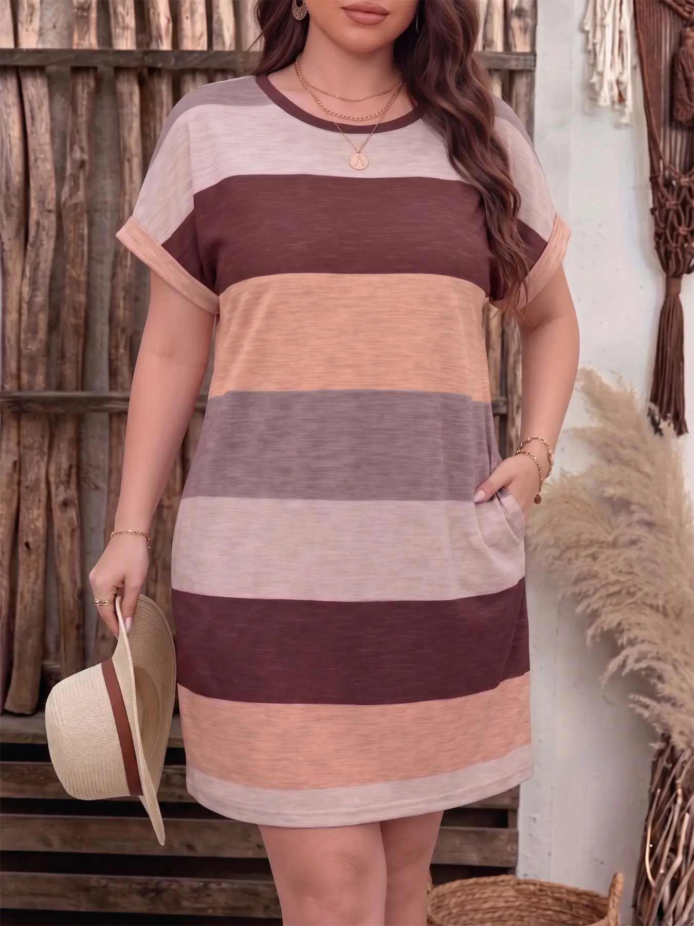【Plus Size】 Colorblock Striped Print Round Neck Dress