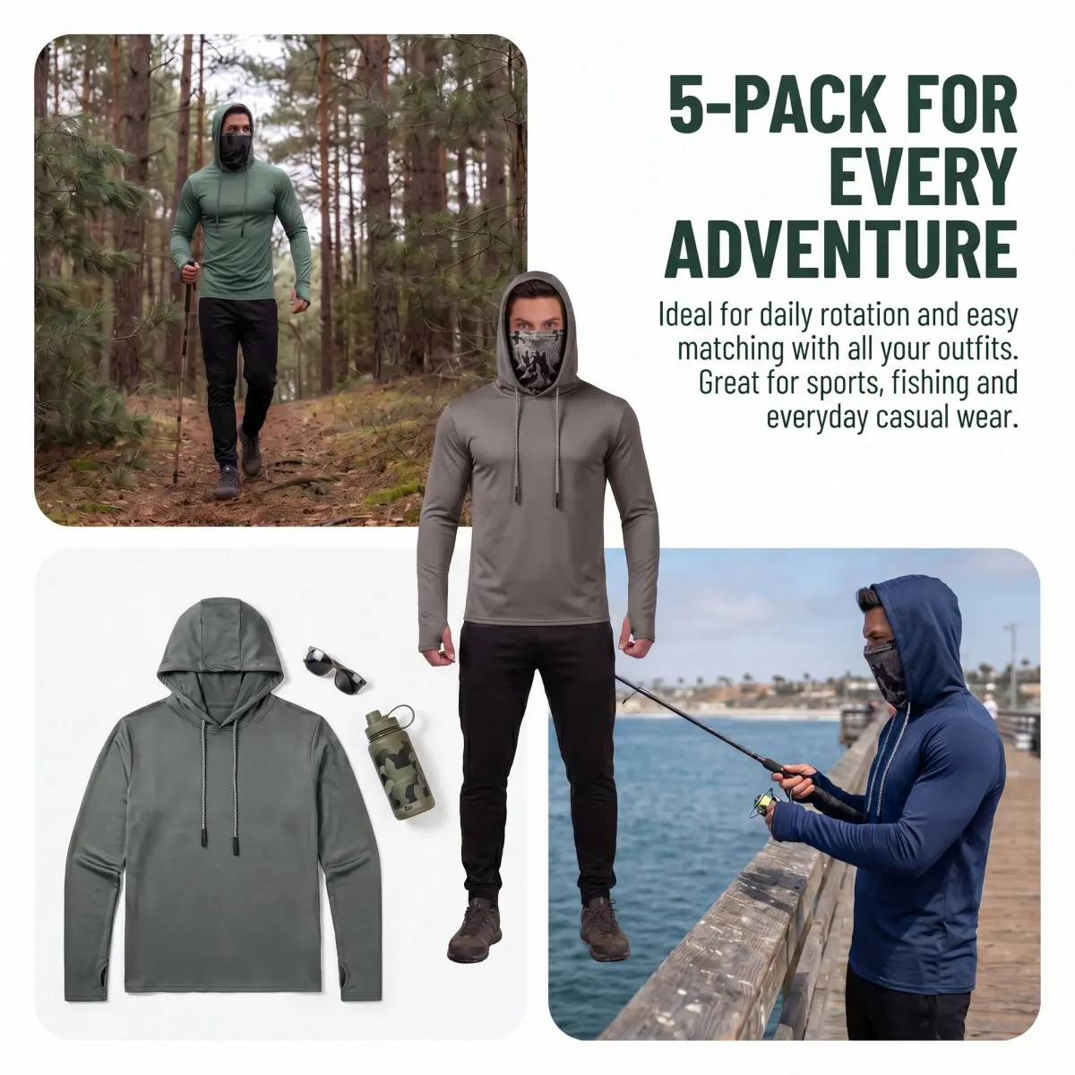 5-Pack Men's UPF 50+ Sun Protection Hoodie