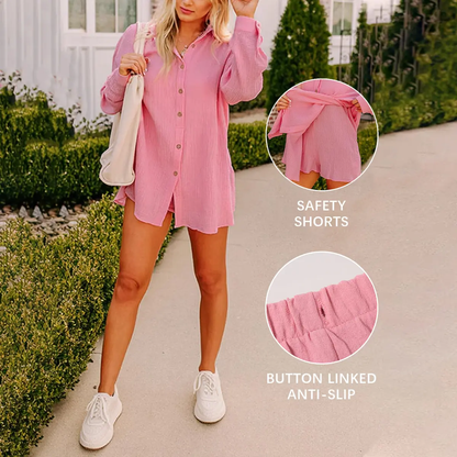 Women's 2 Piece Summer Gauze Shirt & Shorts Set - Casual Beach Vacation Outfit