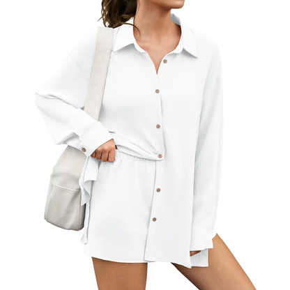 Women's 2 Piece Summer Gauze Shirt & Shorts Set - Casual Beach Vacation Outfit