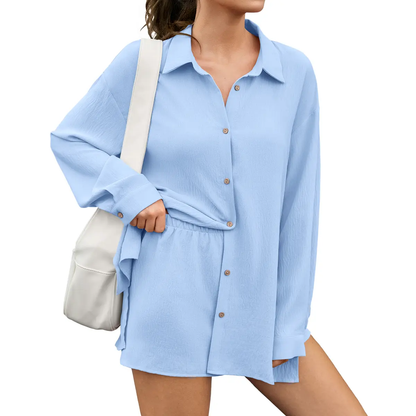 Women's 2 Piece Summer Gauze Shirt & Shorts Set - Casual Beach Vacation Outfit