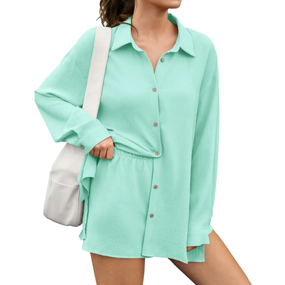 Women's 2 Piece Summer Gauze Shirt & Shorts Set - Casual Beach Vacation Outfit