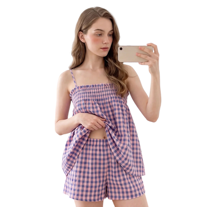 Women's Plaid Cami Shorts Set – Casual 2 Piece Lounge Outfit