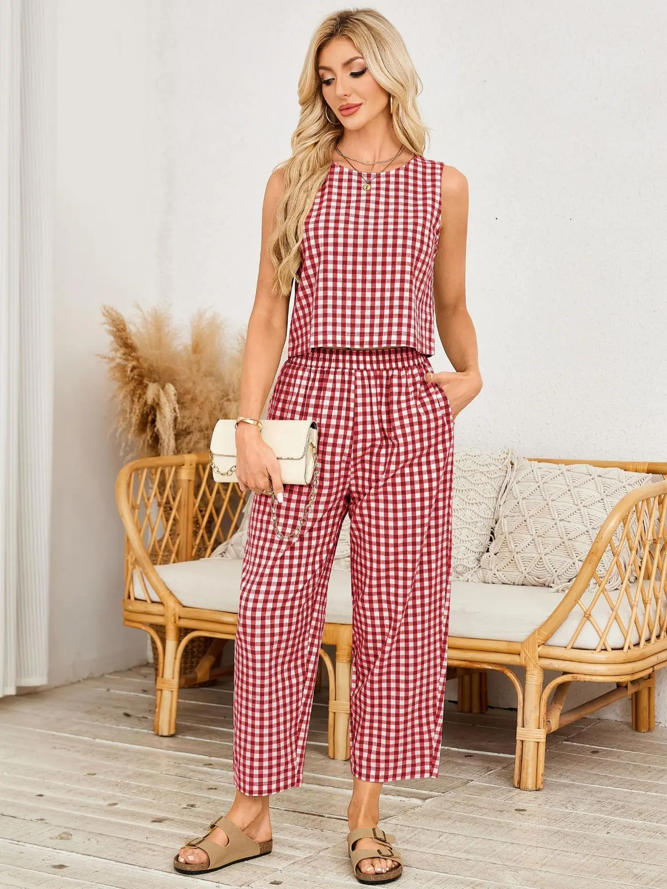 Women's Plaid Two Piece Set, Crop Top & Wide Leg Pants