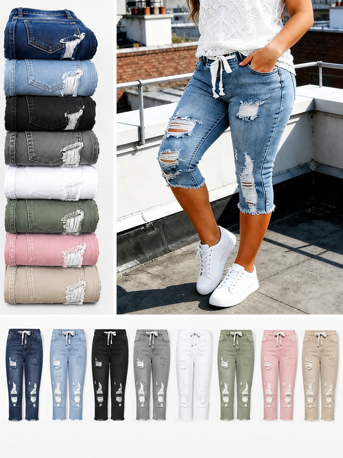 Fashion Distressed Ripped Capri Jeans Plus Size Casual High-Waisted Drawstring Waist Denim Cropped Pants + Lace cutout top