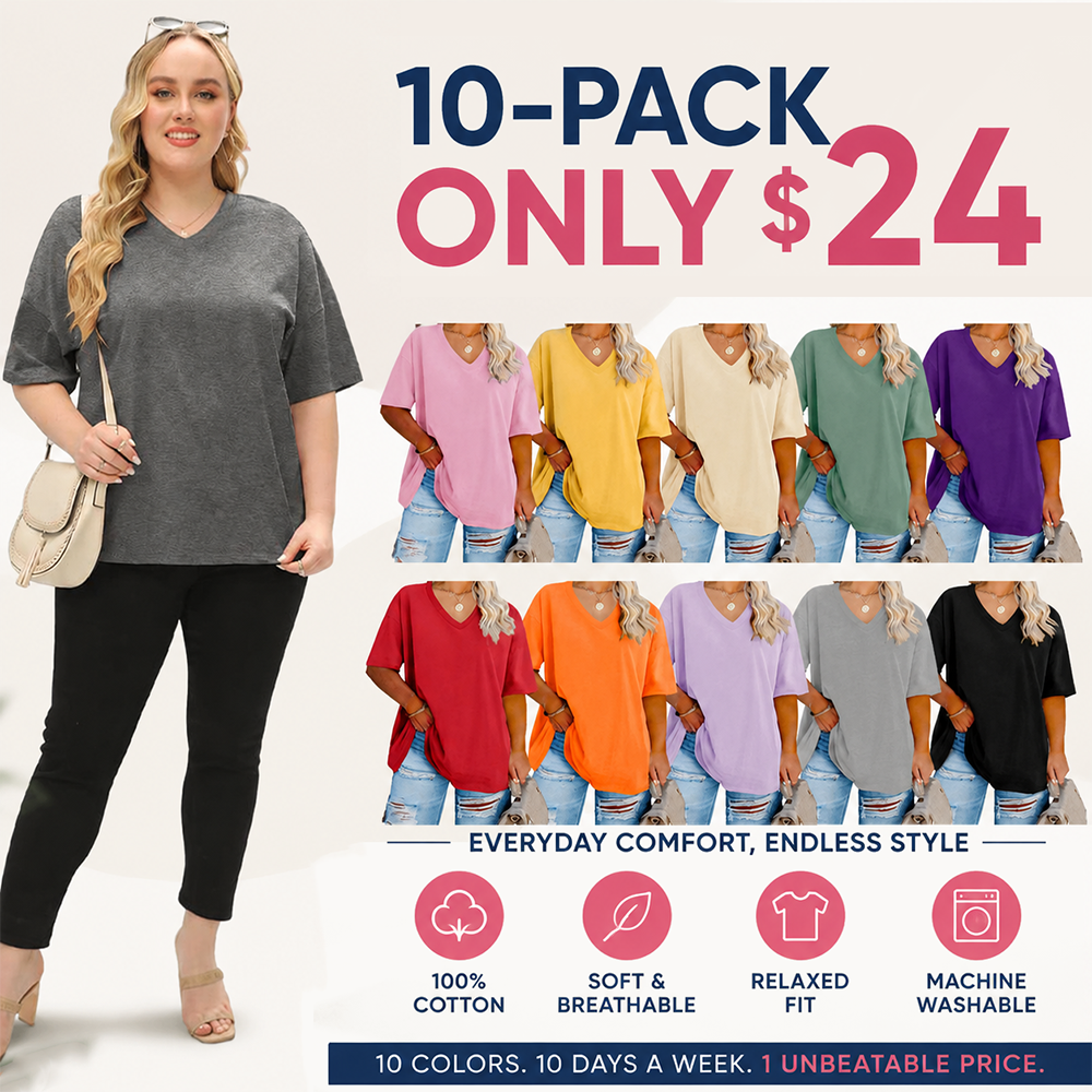 Women's Plus Size V Neck T Shirts Loose Fit Cotton Tunic Tops