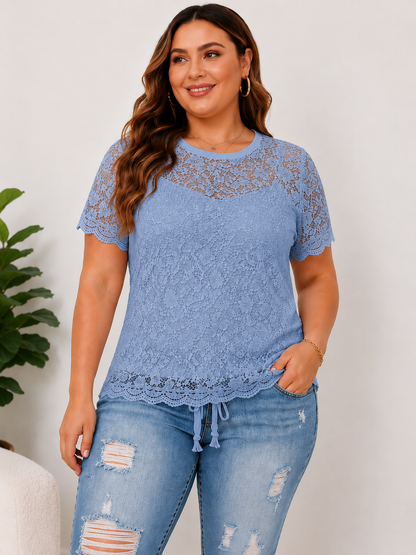 Fashion Distressed Ripped Capri Jeans Plus Size Casual High-Waisted Drawstring Waist Denim Cropped Pants + Lace cutout top