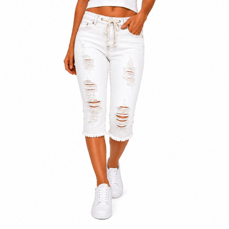Fashion Distressed Ripped Capri Jeans Plus Size Casual High-Waisted Drawstring Waist Denim Cropped Pants + Lace cutout top