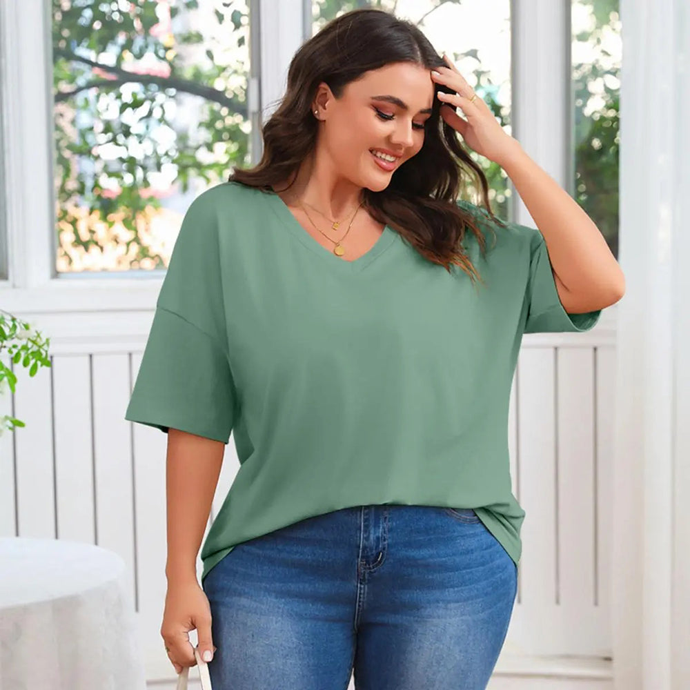 Women's Plus Size V Neck T Shirts Loose Fit Cotton Tunic Tops
