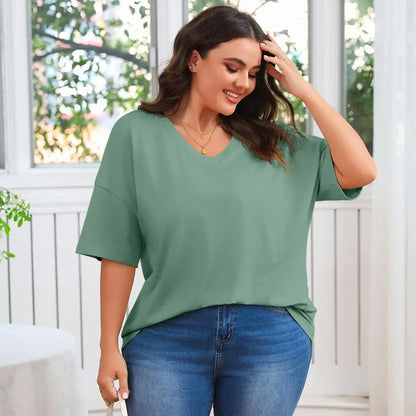 Women's Plus Size V Neck T Shirts Loose Fit Cotton Tunic Tops